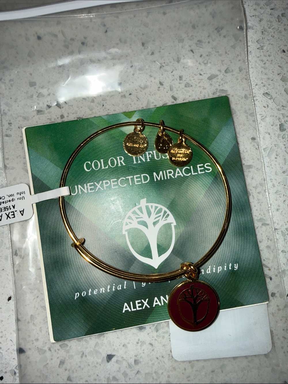 Alex and Ani Gold Tone Bangle with Green and Dark Red Tree of Life Charm